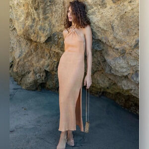 NWT Savannah Morrow Lana Midi Dress in Sandstone Halterneck Tie Backless Sz M
